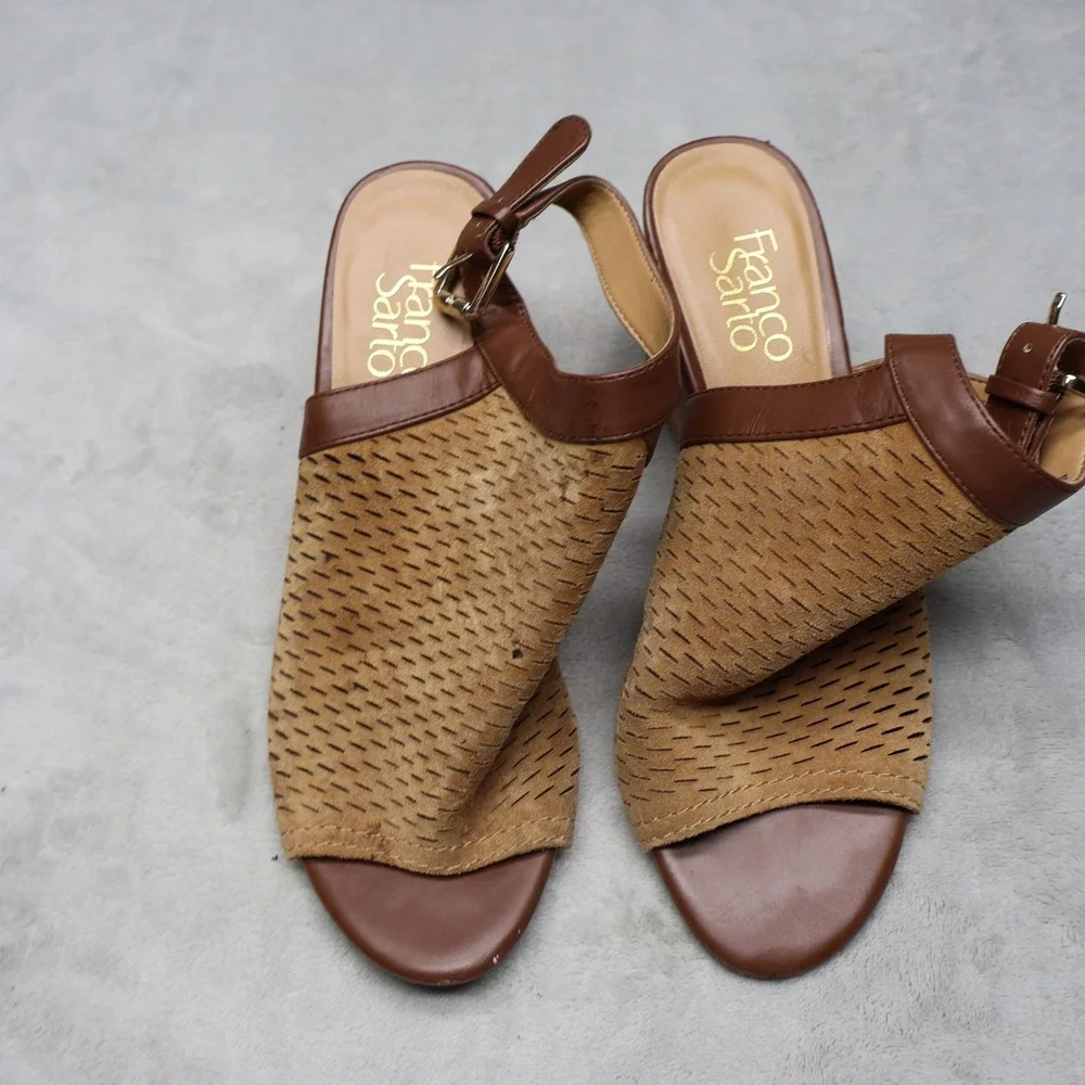 Franco Sarto Womens 7M Martha Sandals Brown Wedge Leather Laser Cut Suede‎ Boho